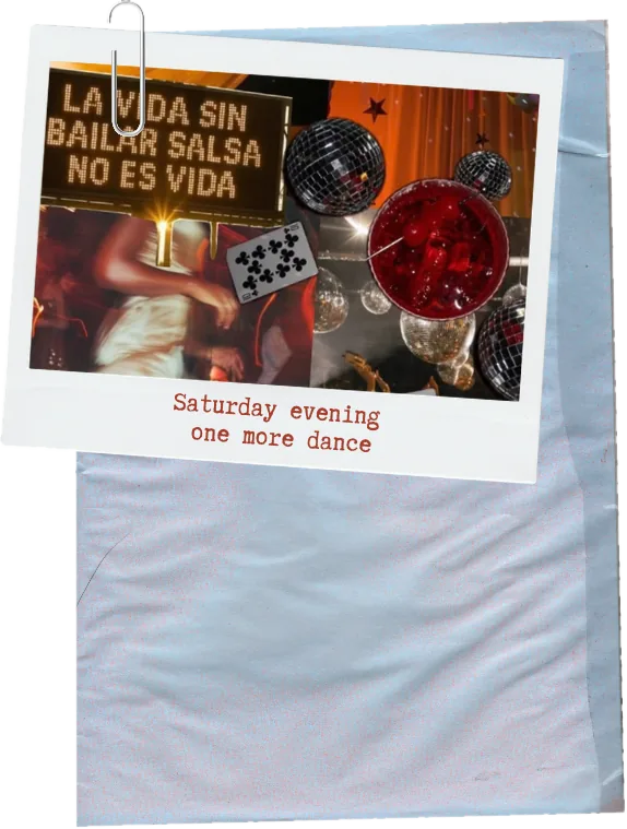 A polaroid of a salsa night clipped to blue paper, captioned 'Saturday evening, one more dance'