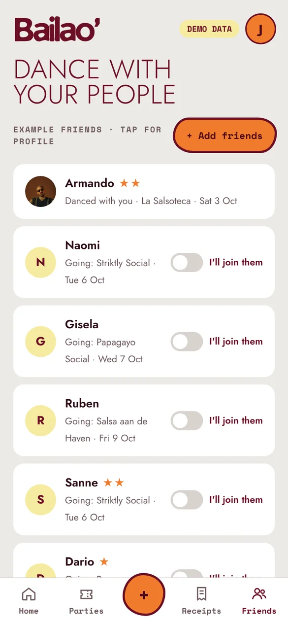 The Friends screen: which friends are going to which party