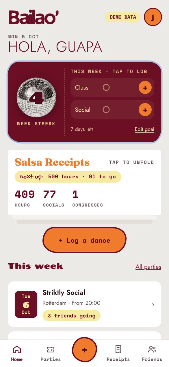 The Home screen: your week streak, a Log a dance button and the parties this week